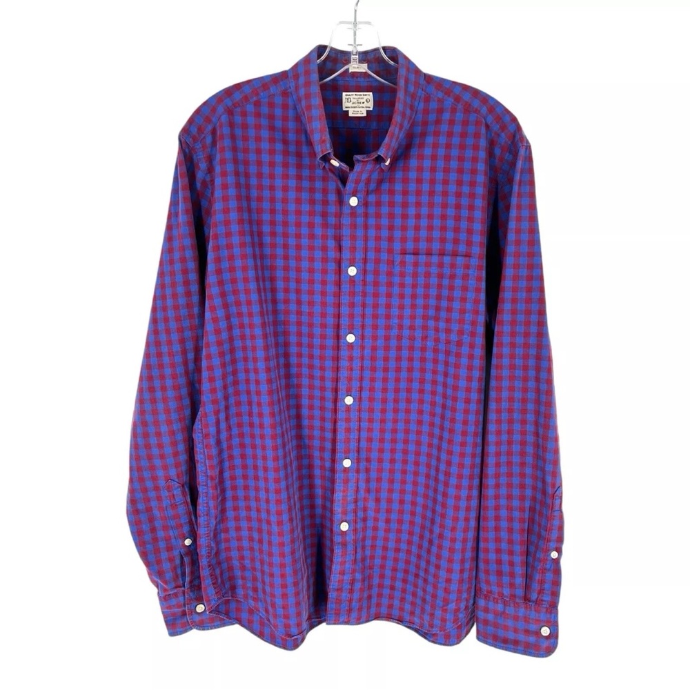 J Crew Factory Shirt Mens Size Large Blue Red Check Plaid Cotton Slim Fit